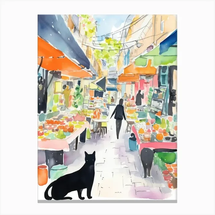 Food Market With Cats In Kyoto 4 Watercolour Canvas Print by Purrfect Plates