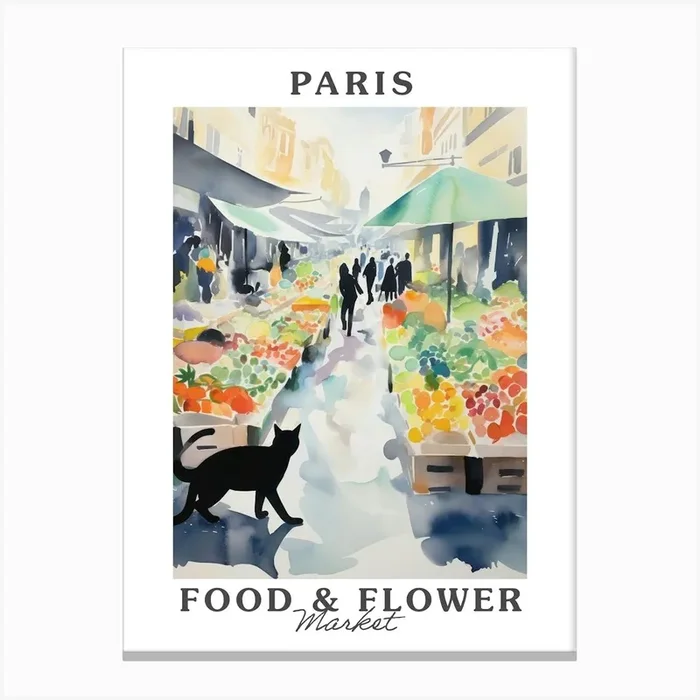 Food Market With Cats In Paris 2 Poster Canvas Print by Purrfect Plates