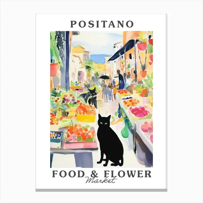 Food Market With Cats In Positano 3 Poster Canvas Print by Purrfect Plates