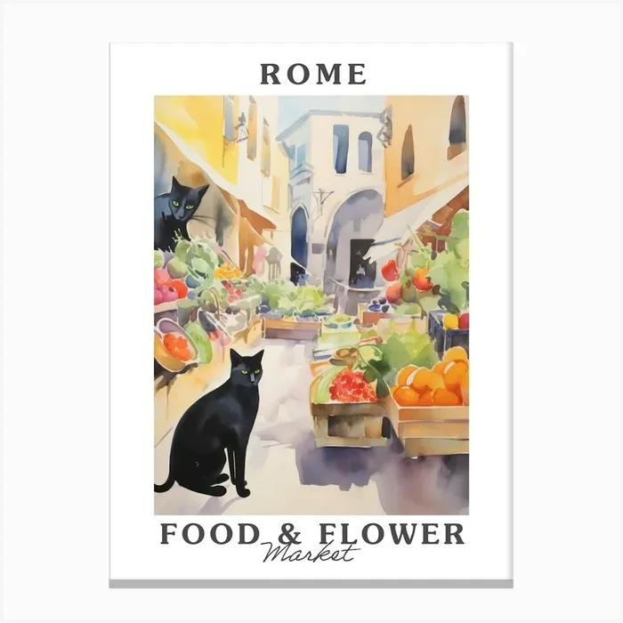 Food Market With Cats In Rome 4 Poster Canvas Print by Purrfect Plates