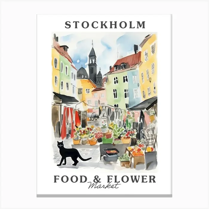 Food Market With Cats In Stockholm 1 Poster Canvas Print by Purrfect Plates