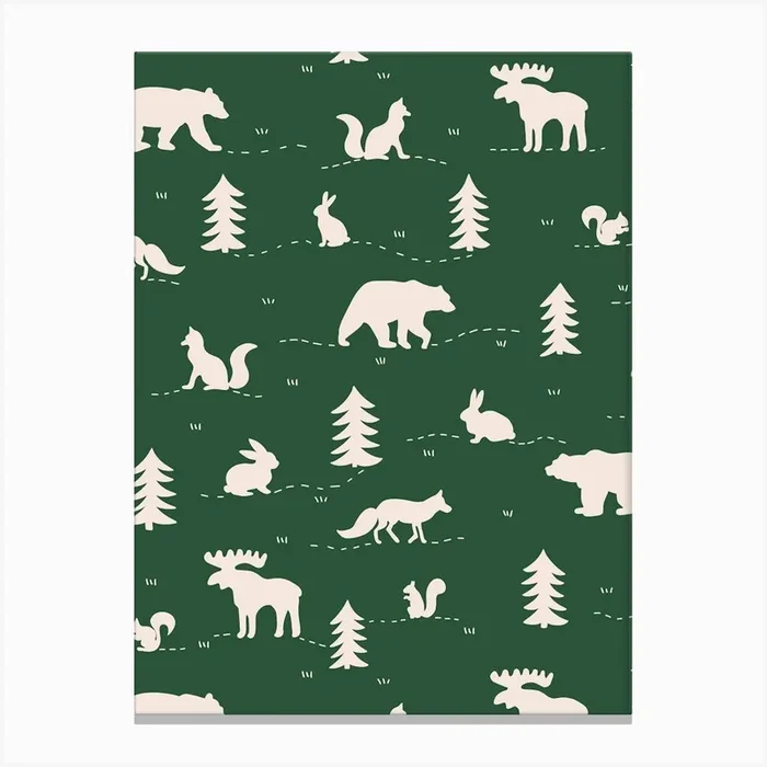 Forest Animals – Green and White Wild Animals and Pine Trees Canvas Print by Sandra Hutter Designs