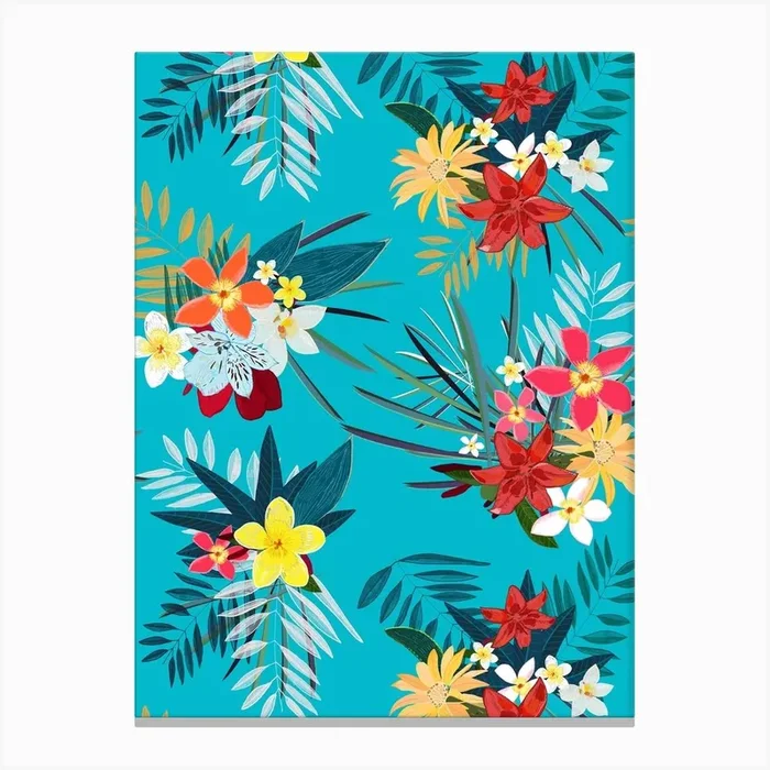 Frangipani, Lily Palm Leaves Tropical Vibrant Colored Trendy Summer Pattern Canvas Print by Gulsen Gunel