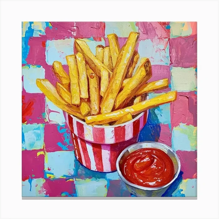 Fries & Ketchup Checkerboard Background 2 Canvas Print by Artful Appetite