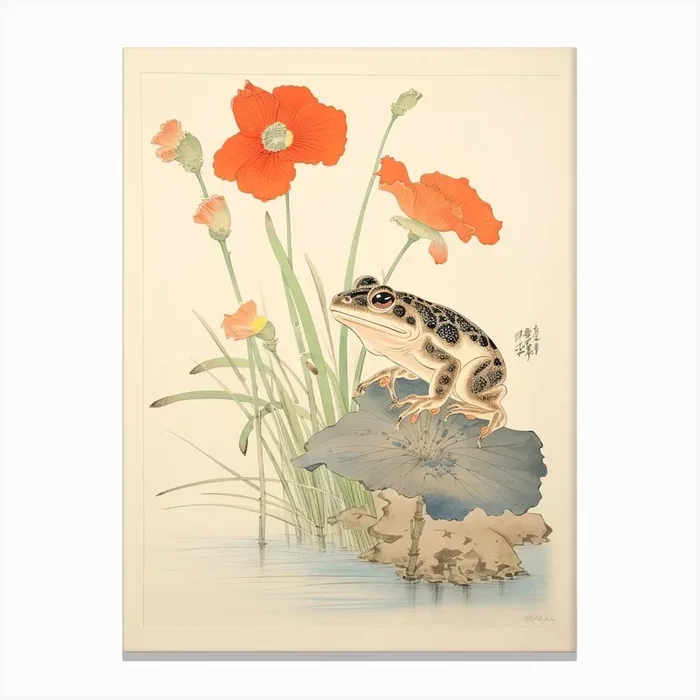 Frog And Flowers, Matsumoto Hoji Inspired Japanese Woodblock 1 Canvas Print by Sakura Animal Creations