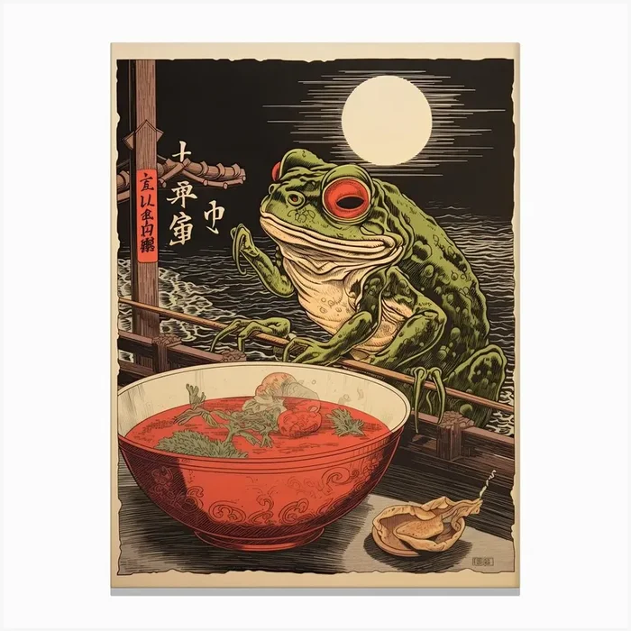 Frog Eating Ramen, Matsumoto Hoji Inspired Japanese Woodblock 2 Canvas Print by Sakura Animal Creations