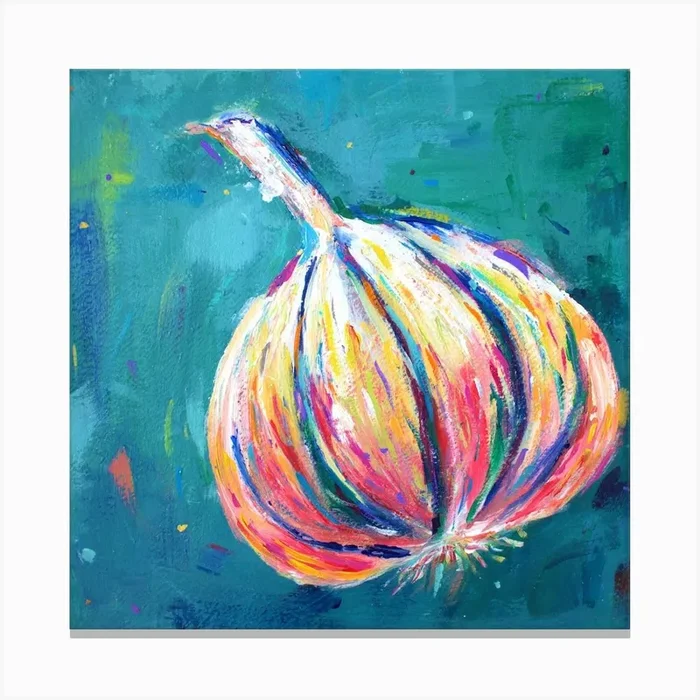 Garlic In Teal Square Canvas Print by Dawn Underwood