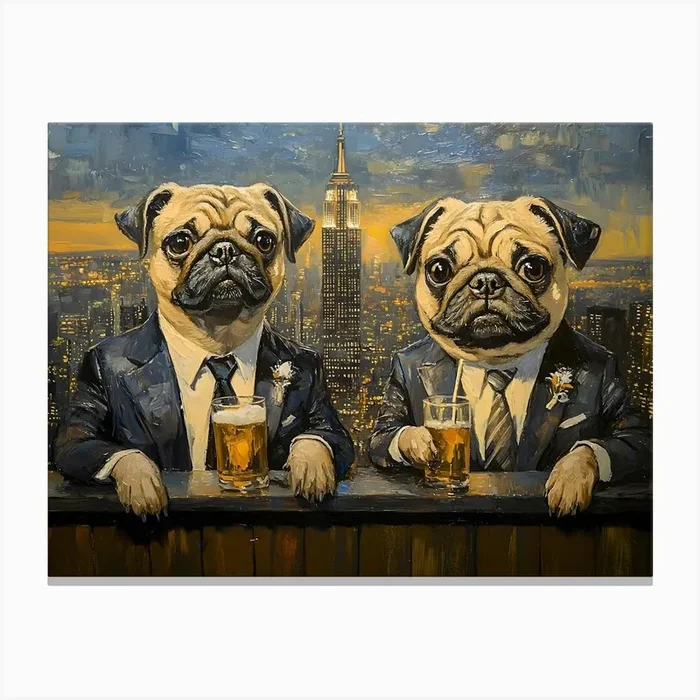 Gentleman Pugs At Nyc Rooftop Bar 5 Canvas PrintSC by S.K. Coghlan