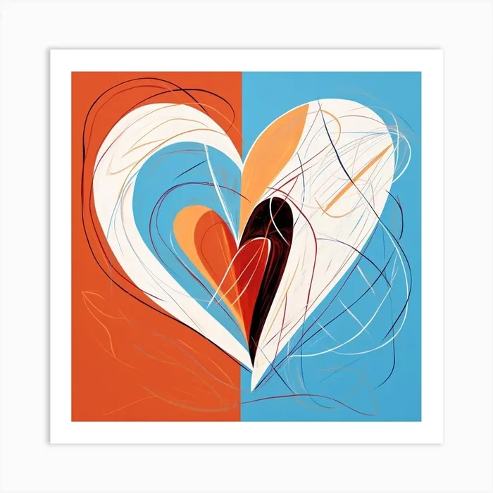 Geometric Doodle Of Orange & Blue Heart 2 Art Print by Essence Lines