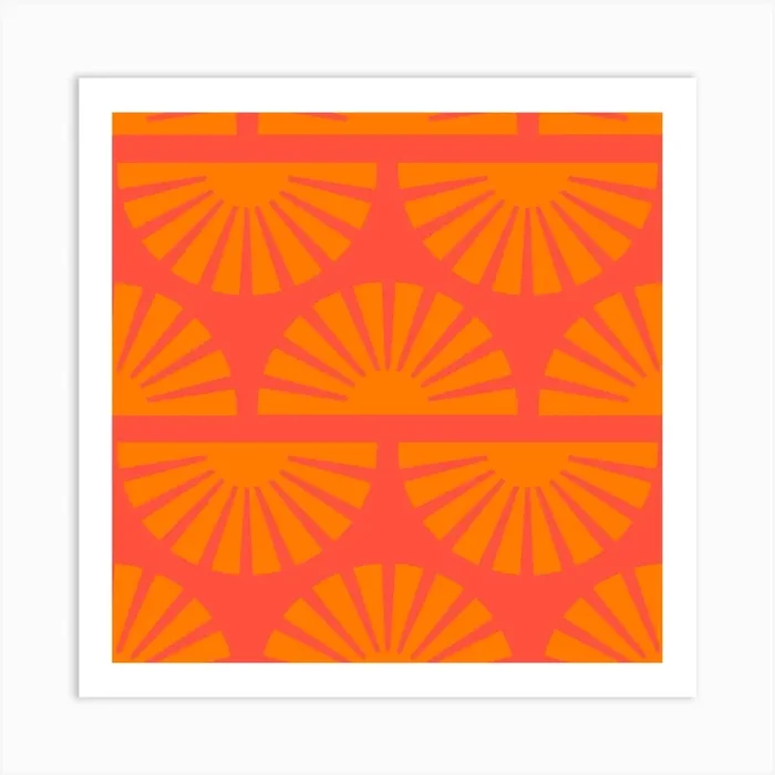 Geometric Pattern Vibrant Orange Sunrise Square Art Print by BlueLela