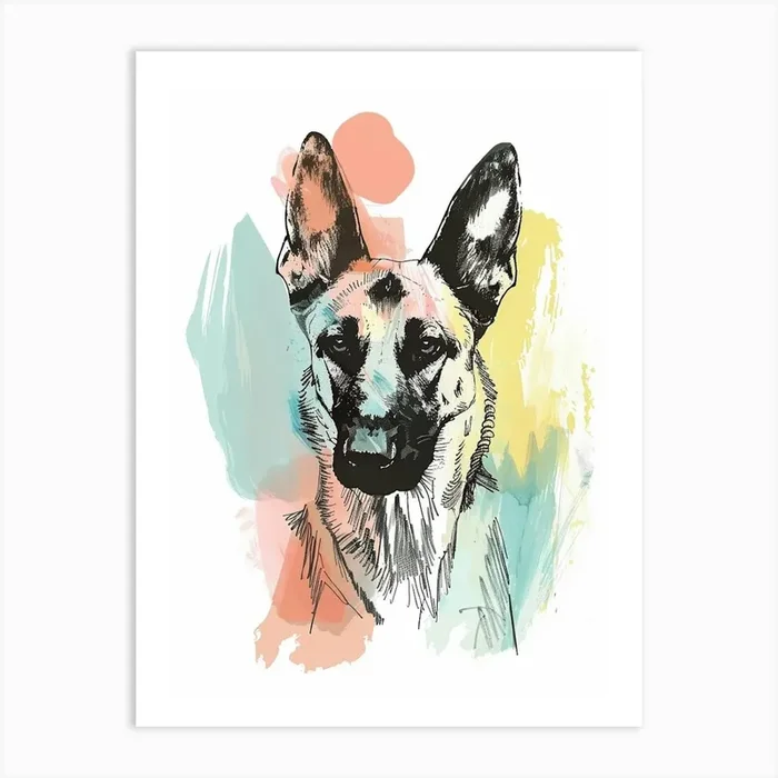 German Shepherd Dog Pastel Line Painting 4 Art Print by Woof and Whiskers