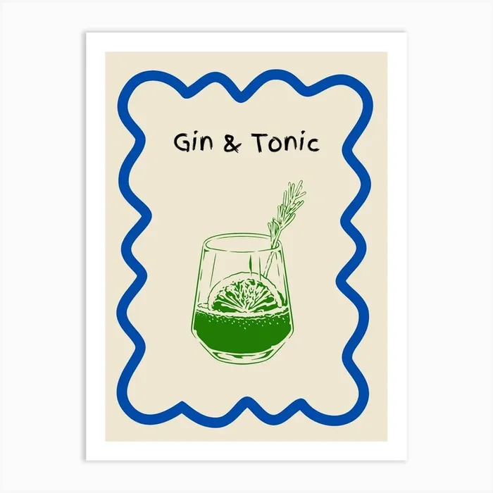 Gin & Tonic Doodle Poster Blue & Green Art Print by Artful Appetite