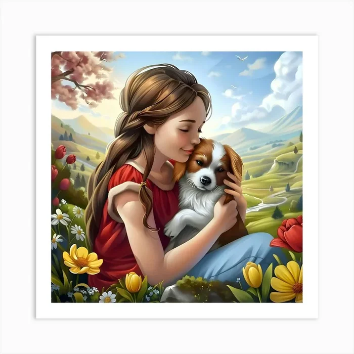 Girl And Dog In Springtime Bliss Art Print by Lozzerly