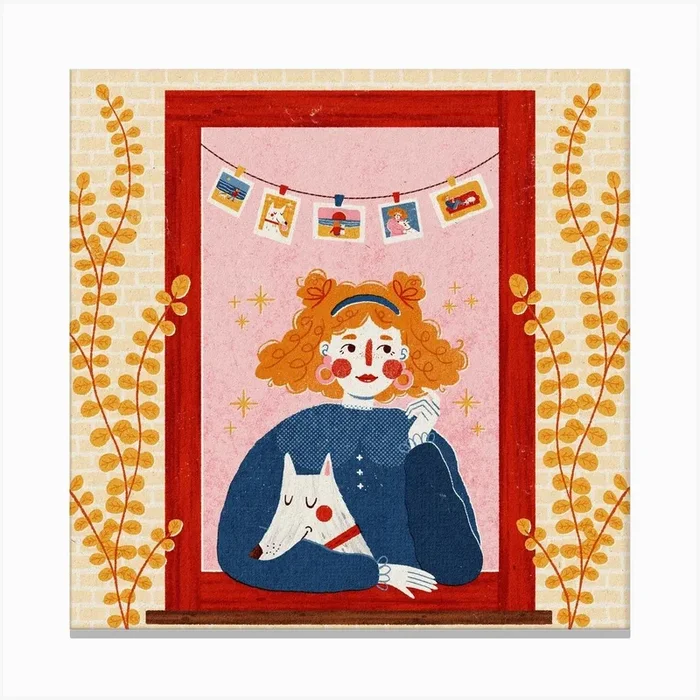 Girl With Her Dog Square Canvas Print by Junoregen