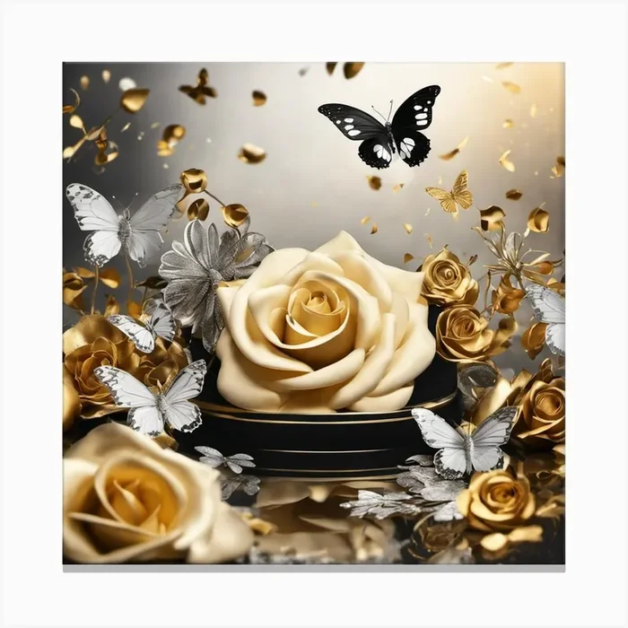 Gold Rose With Butterflies Canvas PrintK by Kayla