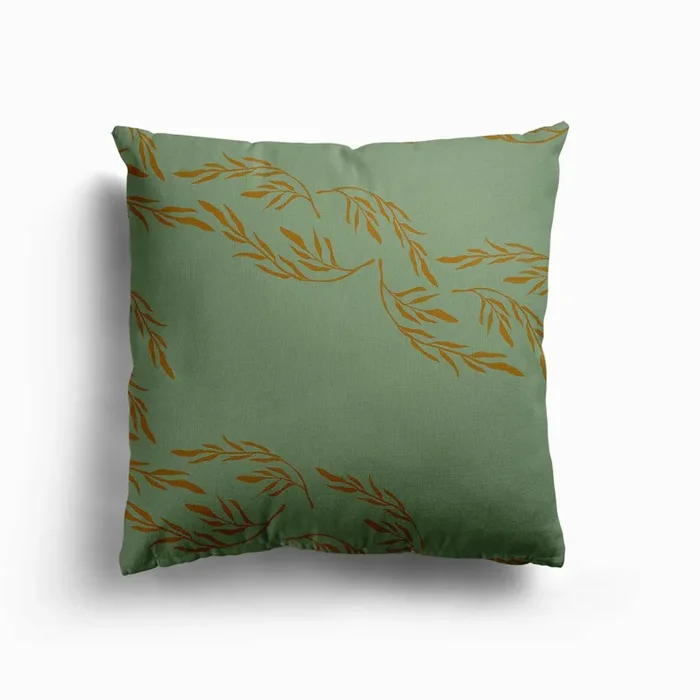 Golden Florals On Green Pattern Canvas Cushion by BlueLela
