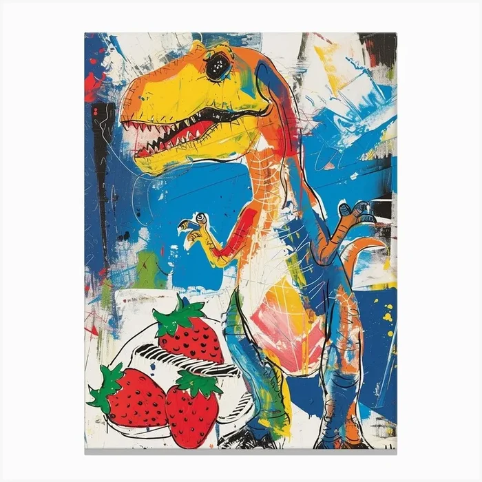Graffiti Style Dinosaur With Strawberries 1 Canvas Print by Dino Delights