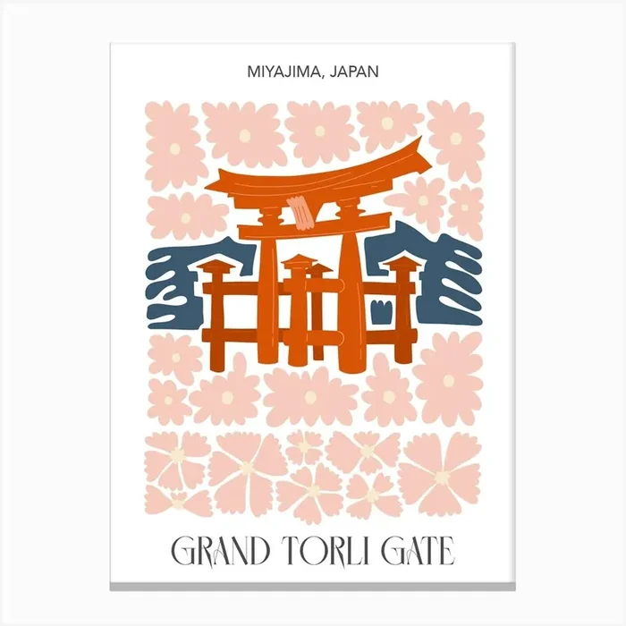 Grand Torli Gate Miyajima, Japan, Travel Poster In Cute Illustration Canvas Print by Mambo