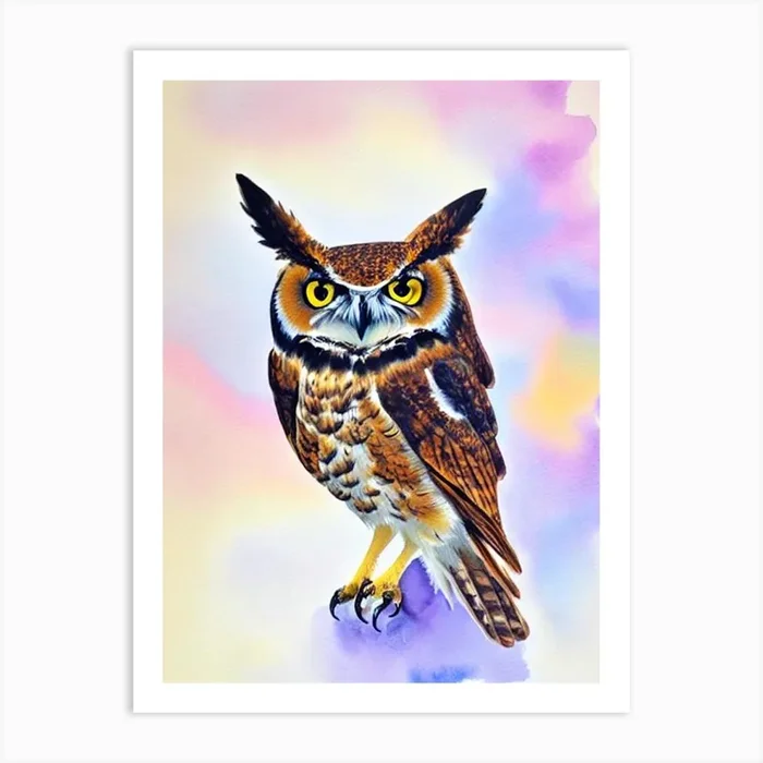 Great Horned Owl Watercolour Bird Art Print by Featherline