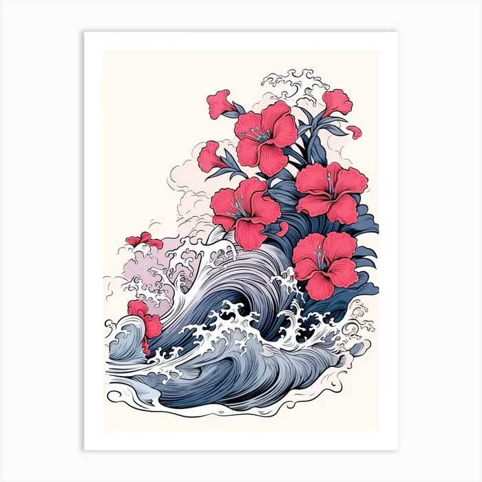 Great Wave With Petunia Flower Drawing In The Style Of Ukiyo E 1 Art Print by Ukiyo-e Wonders