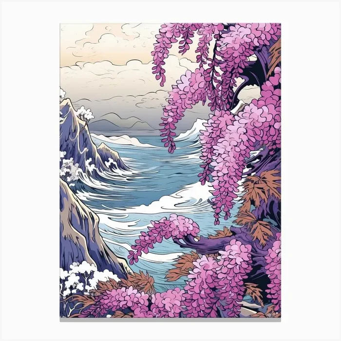 Great Wave With Wisteria Flower Drawing In The Style Of Ukiyo E 1 Canvas Print by Ukiyo-e Wonders