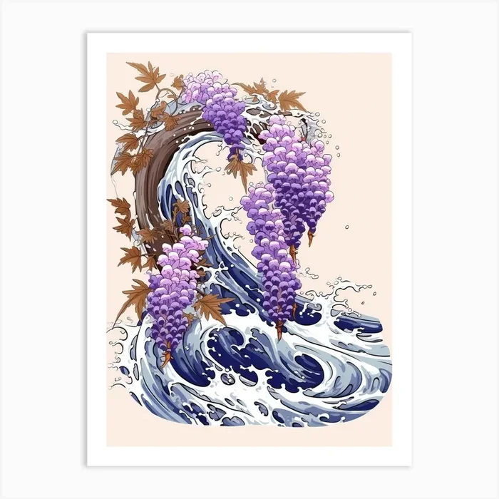 Great Wave With Wisteria Flower Drawing In The Style Of Ukiyo E 3 Art Print by Ukiyo-e Wonders