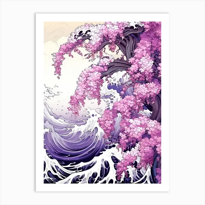 Great Wave With Wisteria Flower Drawing In The Style Of Ukiyo E 4 Art Print by Ukiyo-e Wonders