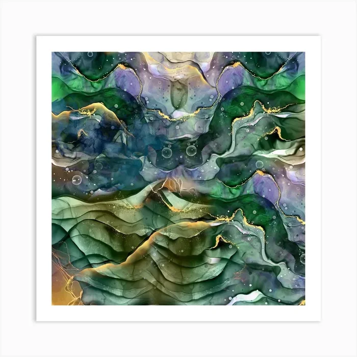 Green and Blue Abstract Ink Art PrintA by Alemi