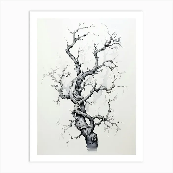 Grey Tree Branches, Japanese Brush Painting, Ukiyo E, Minimal 2 Art Print by Ukiyo-e Wonders