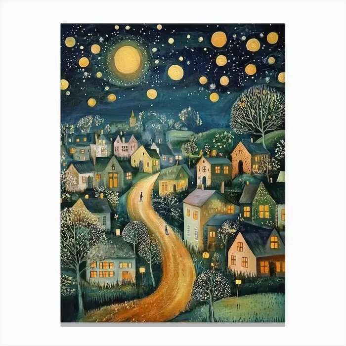 Gustav Klimt Print Night Town Stars Moon Poster Klimt Exhibition Poster Painting Flower Garden Full Canvas Print by Mambo
