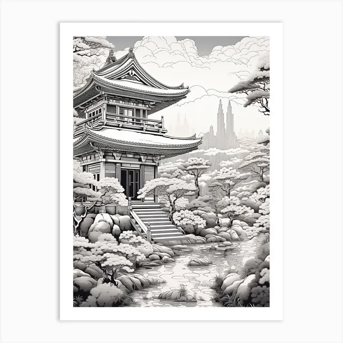 Hachijo Jima In Tokyo, Ukiyo E Black And White Line Art Drawing 1 Art Print by Ukiyo-e Wonders