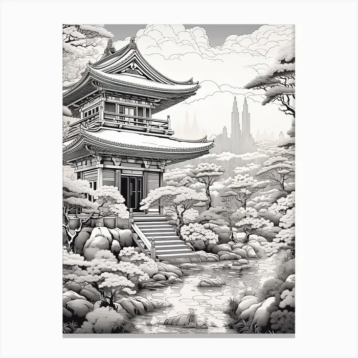 Hachijo Jima In Tokyo, Ukiyo E Black And White Line Art Drawing 1 Canvas Print by Ukiyo-e Wonders