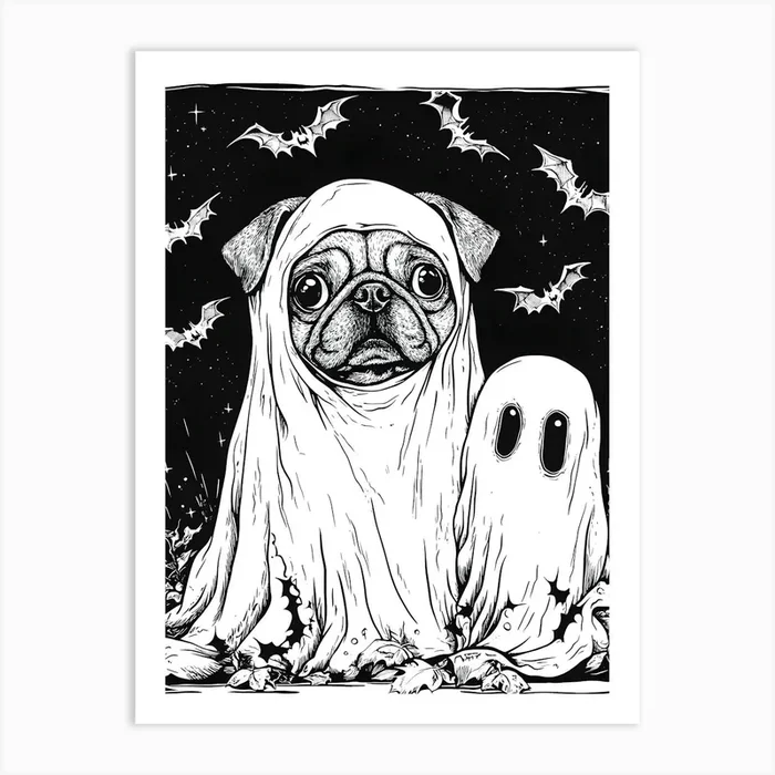 Halloween Pug with Ghost and Bats Art PrintSC by S.K. Coghlan