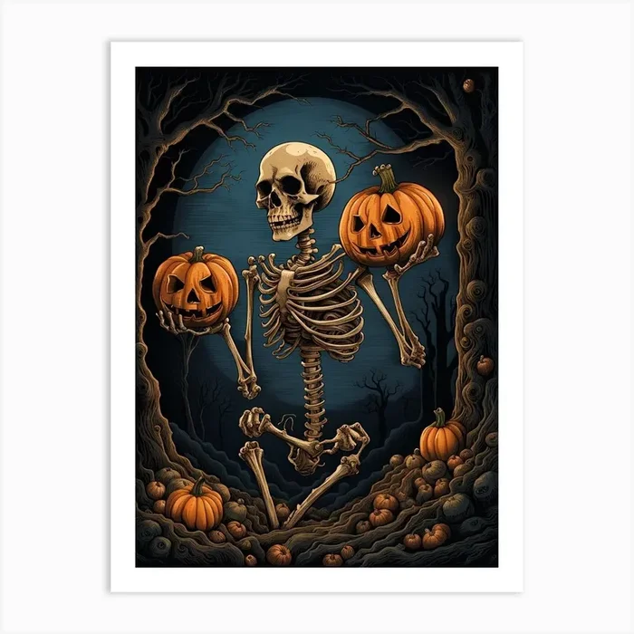 Halloween Skeleton Holding Pumpkins Art PrintDD by Diggit Designs