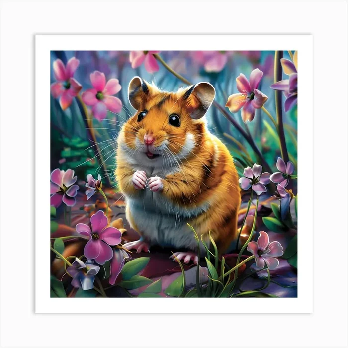 Hamster Among Pink Flowers Art Print by Lozzerly