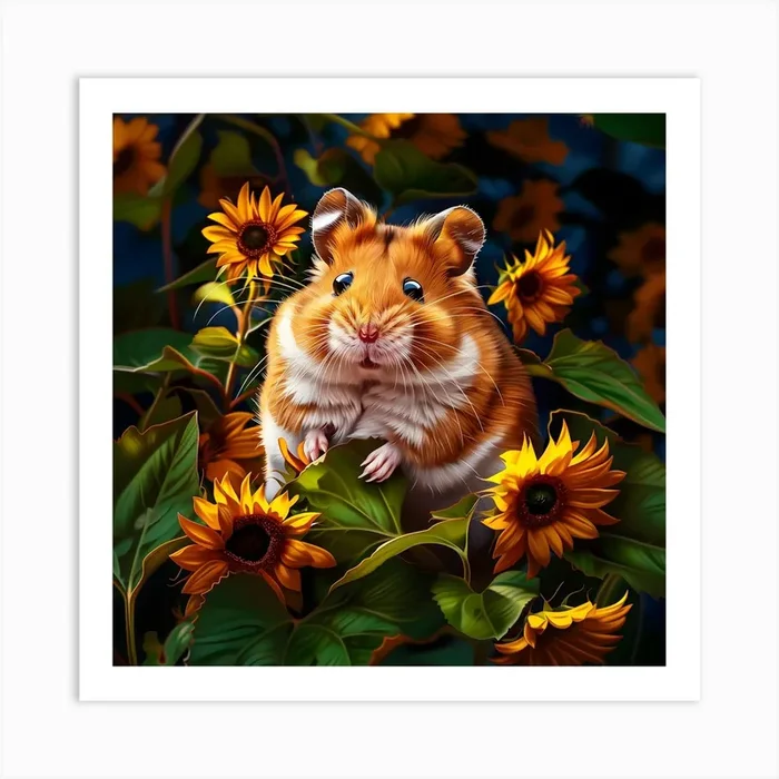 Hamster Among Sunflowers Art Print by Lozzerly