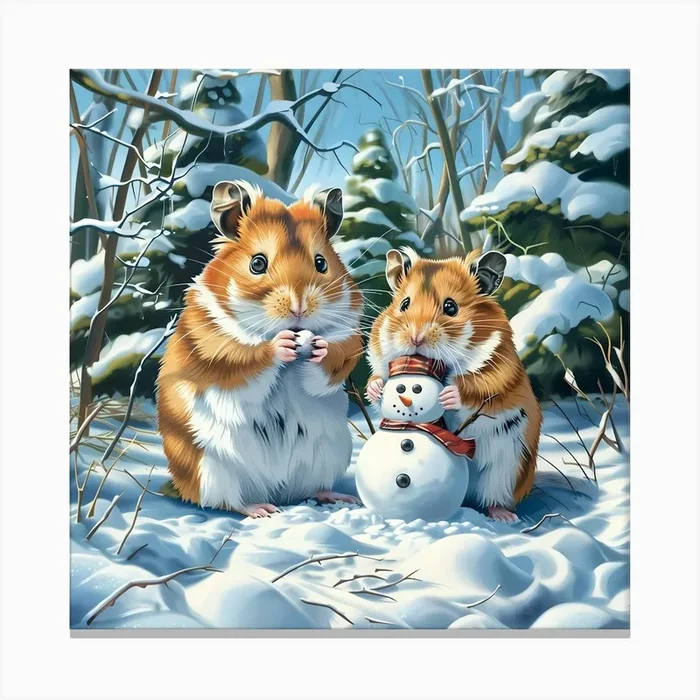 Hamsters and Snowman Canvas Print by Lozzerly