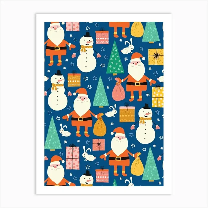 Happy Christmas Forest with Santa, Snowmen, and Rabbits on Dark Blue Art Print by Sandra Hutter Designs