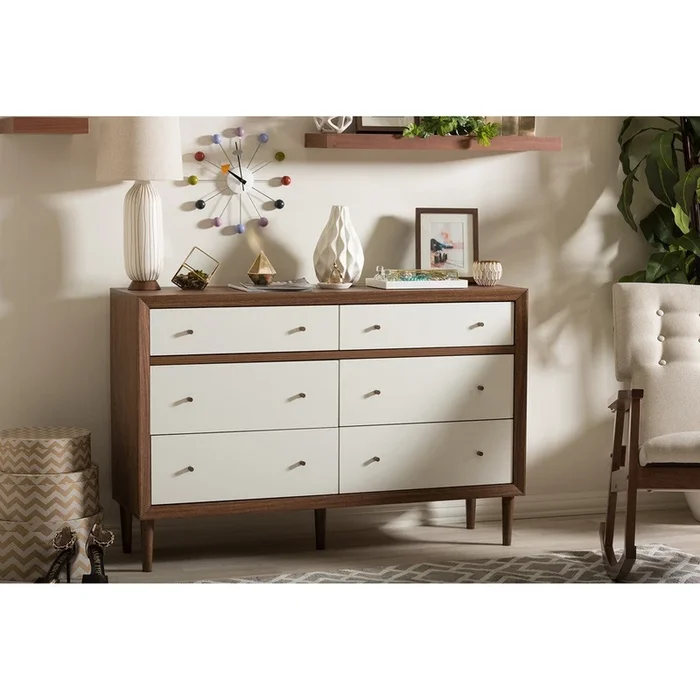 Harry Mid-Century White/Walnut 6-Drawer Dresser