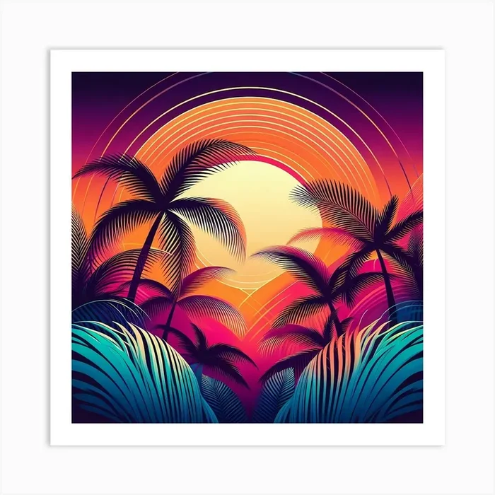 Hawaiian Sunset With Tropical Palm Leaves Art Print by Vinzlim