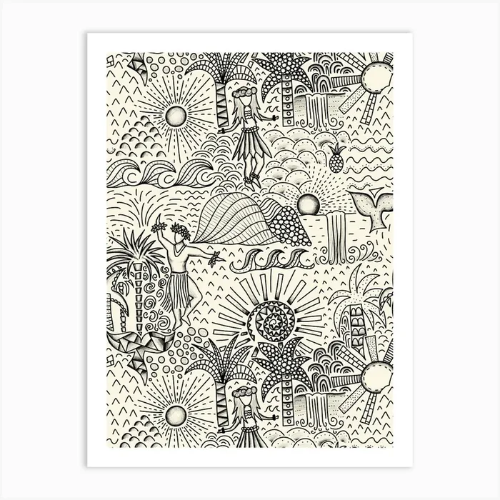 Hawaiian Toile Polynesian Hula Dance Tropical Landscape Black Cream White Art Print by Sandra Hutter Designs