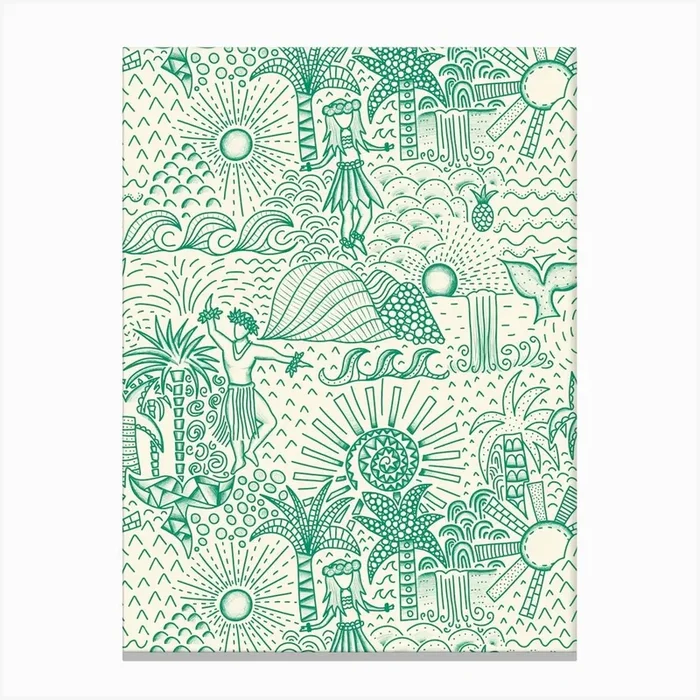 Hawaiian Toile Polynesian Hula Dance Tropical Landscape Emerald Green Cream White Canvas Print by Sandra Hutter Designs