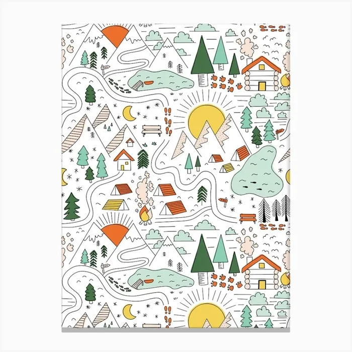 Hiking Through the Wildness Multicolor Summer Camp on White Canvas Print by Sandra Hutter Designs