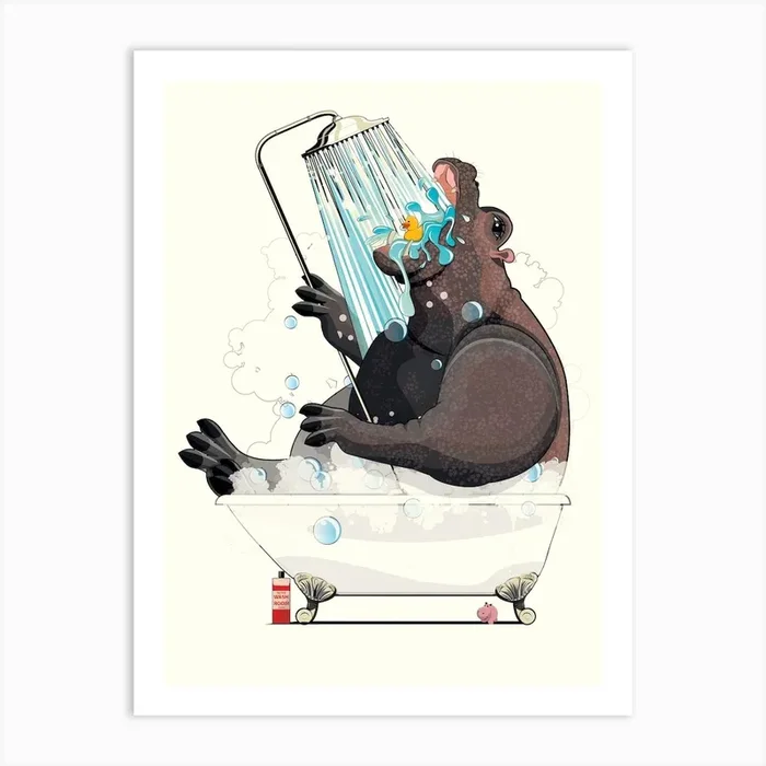 Hippo In The Shower Art Print by Wyatt 9