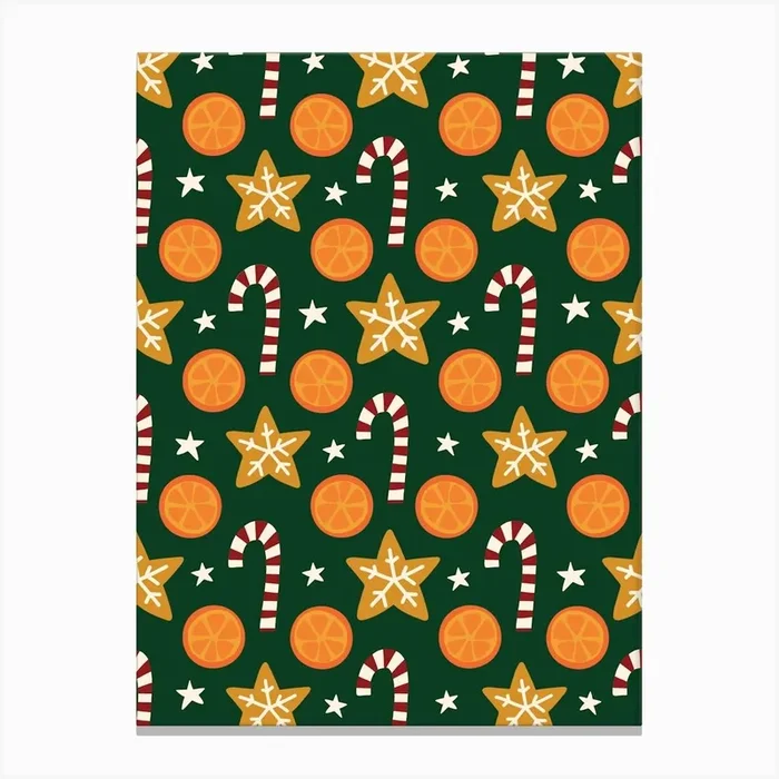 Holiday Spice Folk Art Oranges, Candy Canes, Cookies Rows on Dark Green Canvas Print by Sandra Hutter Designs