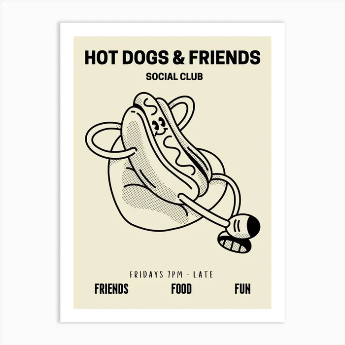 Hot Dogs And Friends Social Club Retro Food Kitchen Art Print by Mambo