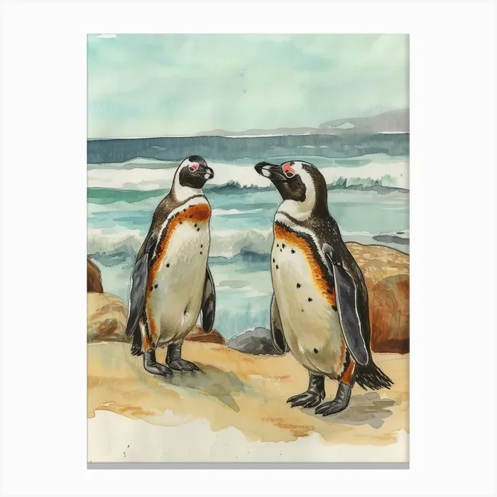 Humboldt Penguin Boulders Beach Simons Town Watercolour Painting 1 Canvas Print by Energy of the Sea