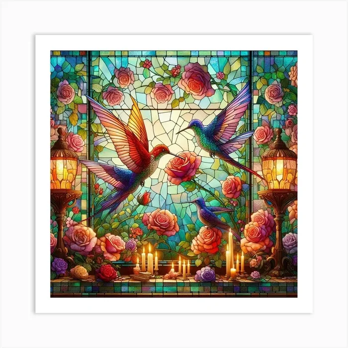 Hummingbirds And Roses Art PrintD by DigitalOcean