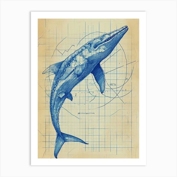 Icthyosaurus Dinosaur Blue Print Sketch 1 Art Print by Dino Delights
