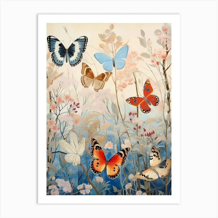 Icy Butterfly Scene Japanese Style Painting Art Print by Whimsical Meadows